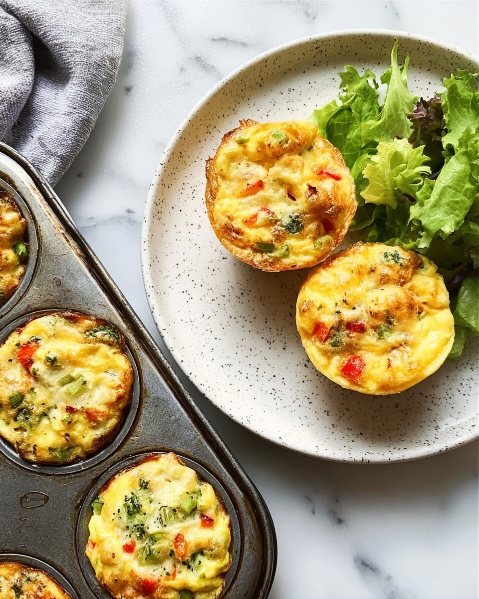 The image shows a white plate with two small, round egg muffins that have a golden-yellow top with bits of green herbs and red pepper visible inside. The muffins look soft and fluffy, and next to them is a small pile of fresh green lettuce leaves. To the side, part of a muffin tin is visible holding more of the same egg muffins, with their tops slightly browned and textured, showing pieces of the same ingredients mixed in. The scene is set on a white marbled surface. Photo taken with an iphone --ar 4:5 --v 7
