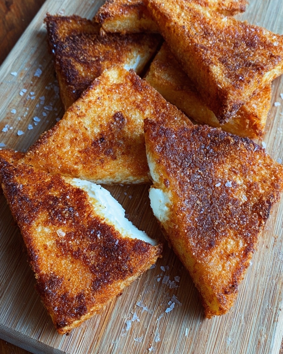 The image shows several triangular pieces of fried cheese arranged on a wooden board. The cheese triangles have a golden brown crispy outer layer that looks lightly spiced with a slightly rough texture. One triangle is broken open in the front center, revealing soft, white, melted cheese inside. Small grains of coarse salt are scattered around the cheese pieces, adding detail. The scene is shot close-up, focusing on the texture and color of the fried triangles against the light wooden surface. Photo taken with an iphone --ar 4:5 --v 7