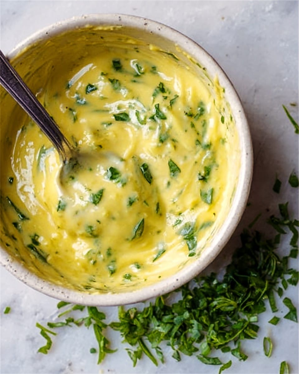 A close-up view of a white bowl filled with a creamy yellow sauce mixed with green herbs. The sauce has a smooth, thick texture with visible small chunks of herbs spread evenly throughout. The bowl sits on a white marbled surface, and a silver spoon is partially dipped into the sauce, resting inside the bowl. Small sprigs of fresh herbs are placed next to the bowl, adding a touch of green contrast to the creamy mix. photo taken with an iphone --ar 4:5 --v 7