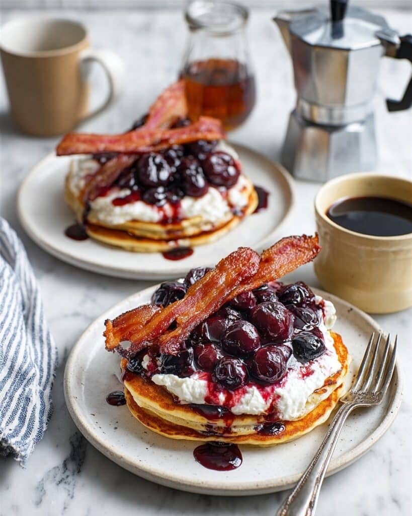 Fluffy American Pancakes with Cherry-Berry Syrup, Bacon, and Mascarpone Recipe