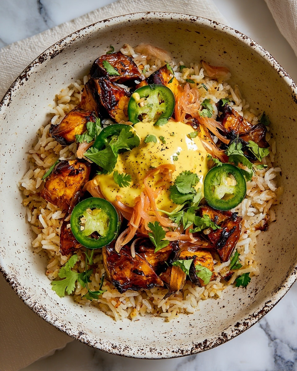 A bowl with three main layers starts with a base of cooked white rice mixed with thin orange shredded vegetables and light brown seasoning, giving a slightly messy look; on top are medium-sized, golden-brown grilled chunks of vegetables or meat with a caramelized texture; the top layer includes light yellow creamy sauce drizzled over the center, bright green slices of jalapeño, and fresh green parsley leaves scattered around. The bowl is white with brown speckles, placed on a white marbled texture, with part of a mustard-yellow cloth in the background. photo taken with an iphone --ar 4:5 --v 7