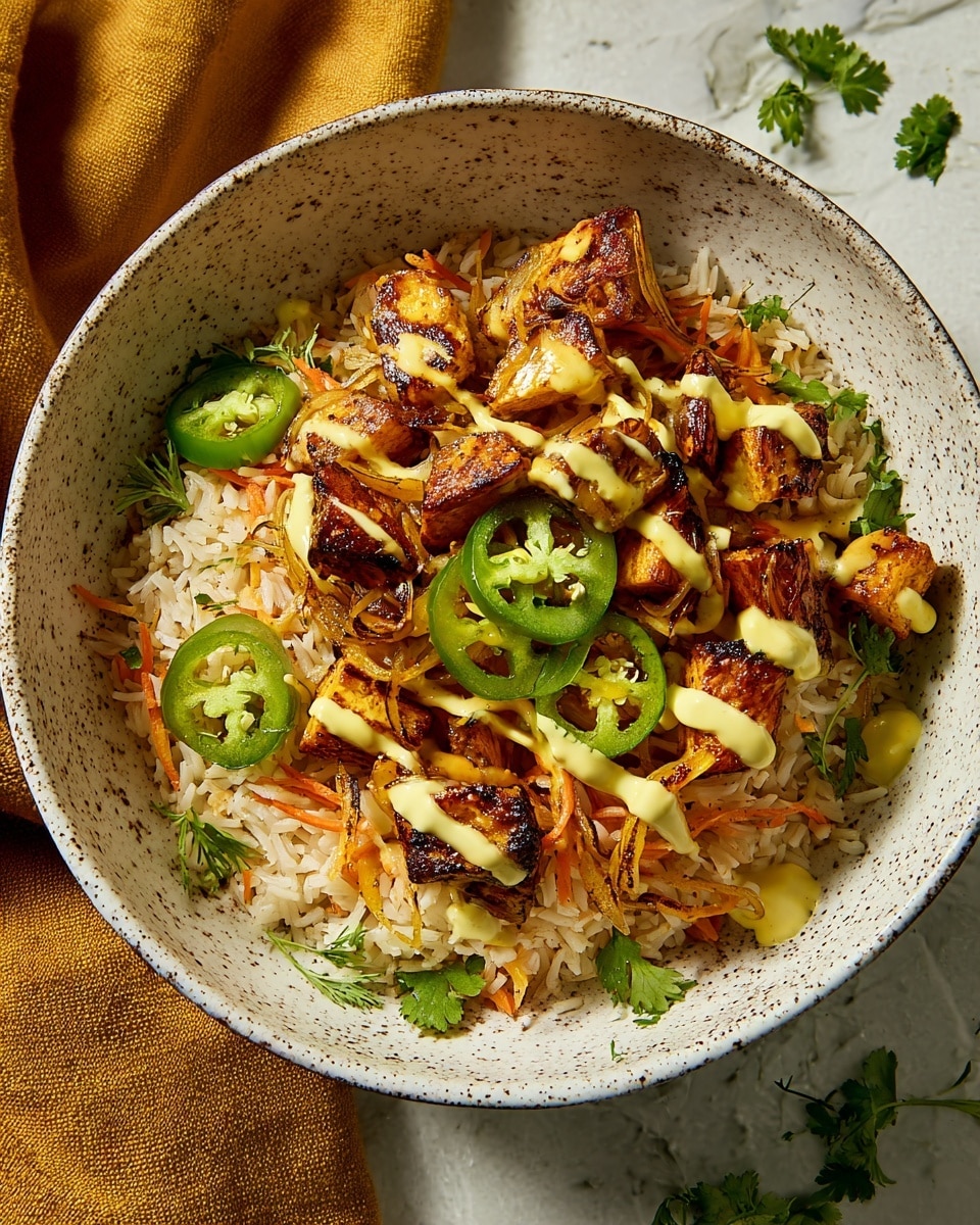 A bowl of cooked white and light brown mixed rice forms the base layer with a soft, grainy texture, topped with dark golden-brown roasted chunks of eggplant that have a slightly crispy surface. On top of the eggplant, there are thin, pale orange slices of cooked onion scattered lightly. Bright green slices of fresh jalapeño and flat green parsley leaves are spread on top for a fresh color contrast. A creamy yellow sauce is drizzled over the center of the dish, with tiny black pepper specks sprinkled across everything. The bowl is white with brown speckles, and the whole dish is placed on a white marbled texture. photo taken with an iphone --ar 4:5 --v 7