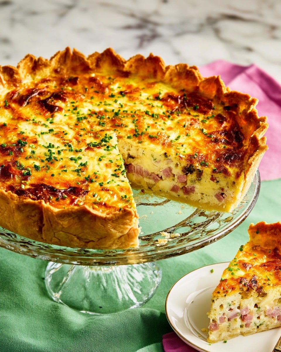 A golden brown quiche sits on a clear glass cake stand with a detailed base, over a pink and green cloth on a white marbled surface. The quiche has a crust formed by thick potato slices that rise unevenly around the edge. Inside, the quiche shows three main layers: a thick base of smooth yellow potato slices, a middle layer of mixed ingredients including small pink meat pieces and green herbs, and a top layer of melted, bubbly cheese browned in spots with small green chopped chives sprinkled on top. A wedge is cut out and placed on a white plate nearby, showing the clear layering inside. Photo taken with an iphone --ar 4:5 --v 7