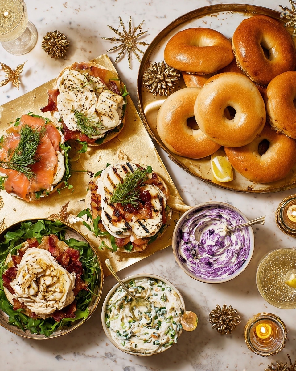 The image shows a festive spread on a white marbled surface with a large gold tray holding stacked plain bagels with a shiny golden crust on the right side. On the tray, there are three bagel sandwiches with visible toppings: the top bagel has cream cheese, smoked salmon, and green arugula leaves; the middle one has a swirl of cream cheese mixed with purple blueberry spread topped with grilled banana slices; the bottom one features cream cheese, bacon strips, and grilled green onions. Next to the tray, there are three white bowls filled with different spreads: one with cream cheese and chopped green onions with a spoon, another with a purple cream cheese spread with a spoon, and a third with cream cheese topped with grilled green onions. The arrangement is decorated with golden pine cones, stars, and candle holders, along with a clear glass cup of a bubbly drink and a small bowl of lemon wedges with green leaves nearby. Photo taken with an iphone --ar 4:5 --v 7