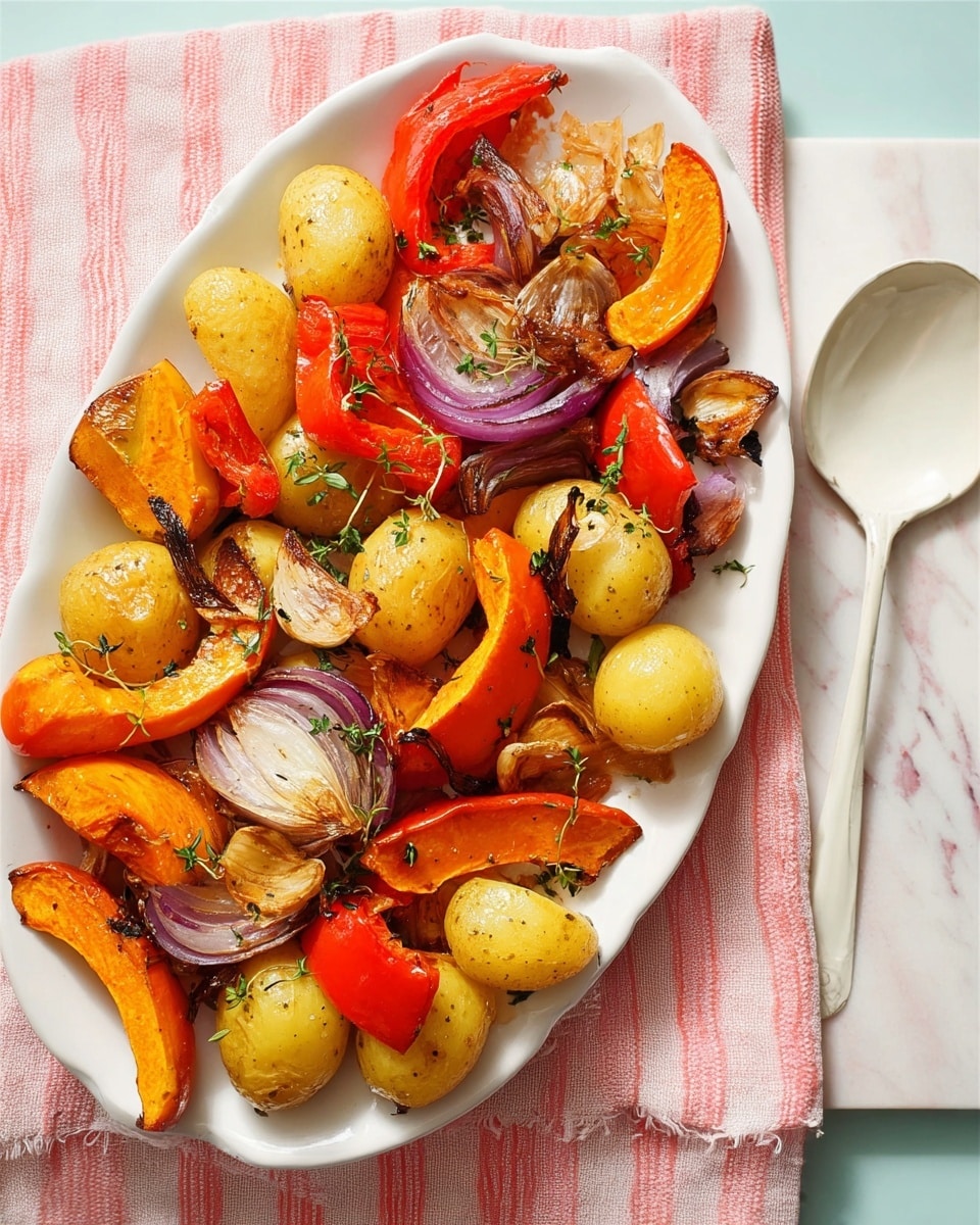 This image shows a white oval plate filled with roasted vegetables arranged in a casual pile. The base layer has small whole yellow potatoes with a slightly browned skin. On top, there are chopped orange squash pieces with a roasted crisp texture and some charred edges. Scattered among these are red bell pepper chunks softened and wrinkled from roasting. Sliced red onion layers, translucent with browned edges, add depth, mixed with segments of roasted garlic cloves showing light golden skin. Fresh green thyme sprigs are sprinkled on top, adding a touch of vibrant green to the warm colors. The plate sits on a pink and orange striped cloth over a white marbled surface, with a white spoon placed on a light blue background nearby. photo taken with an iphone --ar 4:5 --v 7
