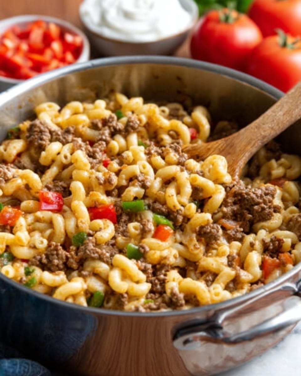 A pot filled with cooked elbow macaroni pasta, mixed with browned ground meat, small pieces of red tomato, and melted cheese, creating a slightly creamy texture. The dish has a mix of beige pasta, brown meat, red tomato bits, and yellowish melted cheese all combined evenly. A woman's hand holds a wooden spoon stirring the pasta inside the pot. In the background, there are fresh red tomatoes, a bowl of white sour cream, and a bowl with crushed red ingredients, all placed on a white marbled surface. photo taken with an iphone --ar 4:5 --v 7