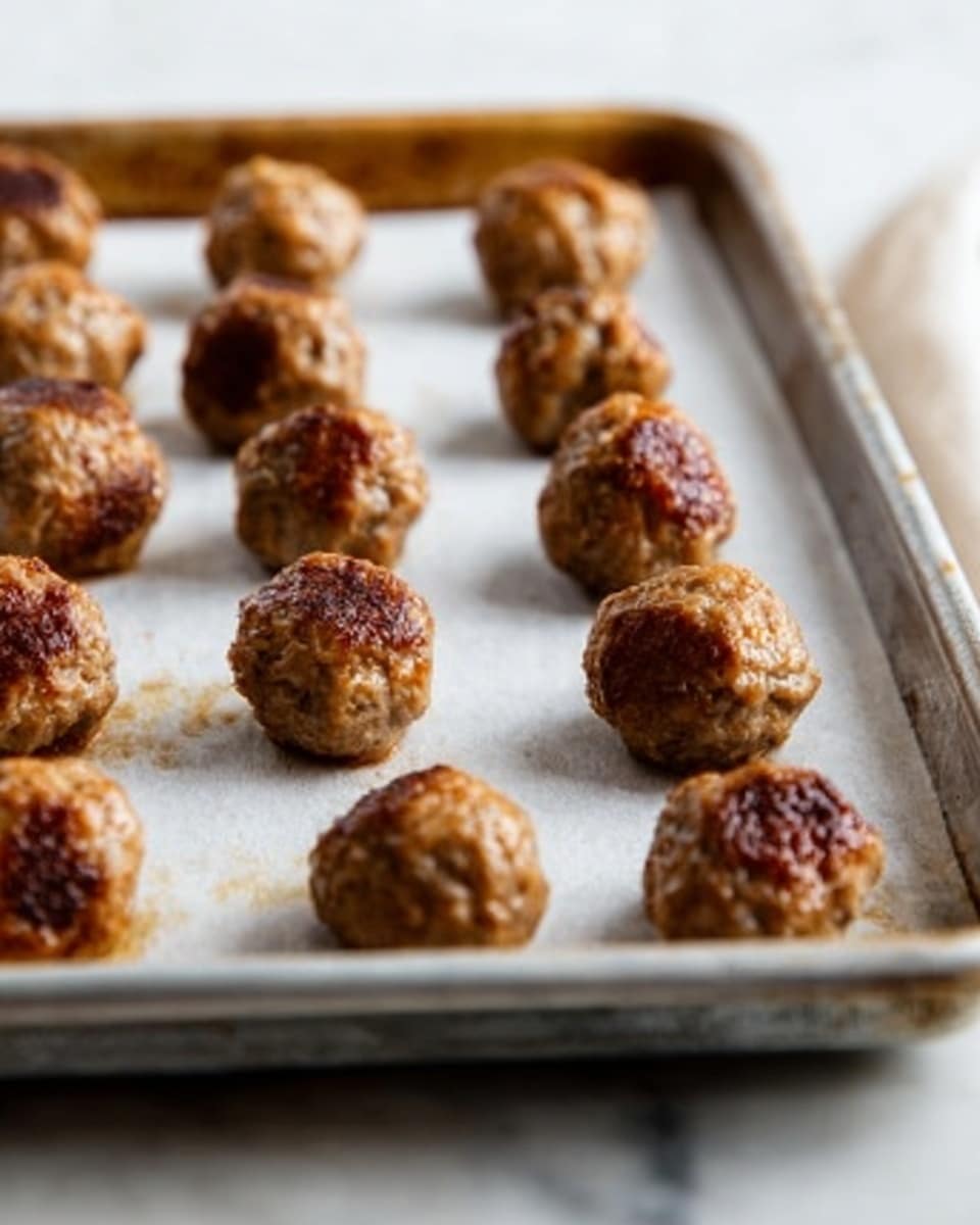 The image shows a baking tray with 12 golden brown meatballs arranged in four rows of three on white parchment paper. Each meatball is round, slightly rough in texture with some browned spots on top. The tray is set on a white marbled surface, with one woman's hand holding the edge of the tray on the left side. The focus is on the meatballs, showing their crispy outside and uniform size, creating a warm and inviting look. photo taken with an iphone --ar 4:5 --v 7