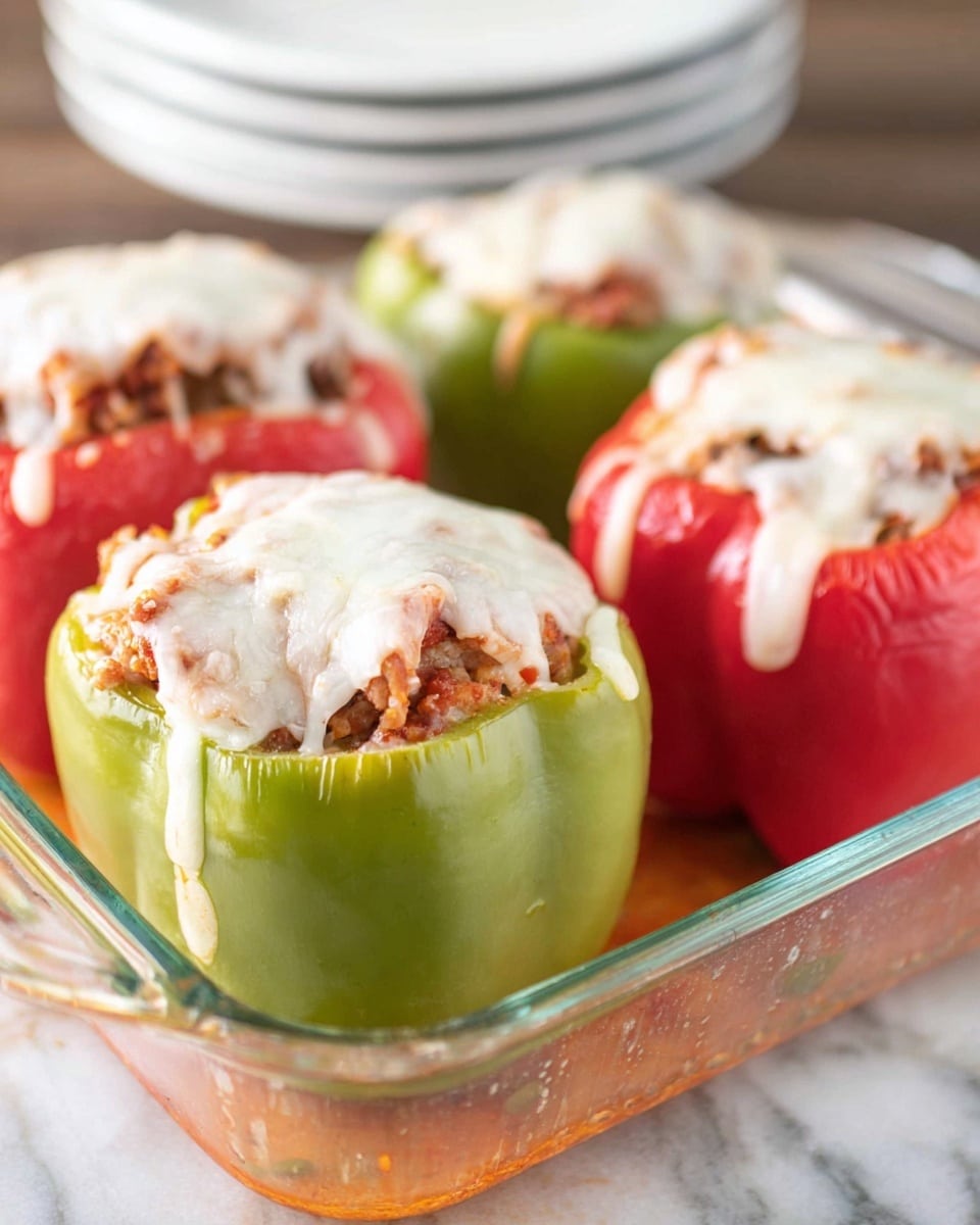 The image shows a glass baking dish filled with stuffed bell peppers, each standing upright. There are two layers visible in each pepper: the bottom layer consists of green or red bell pepper shells with a smooth, glossy outer skin, and the top layer is a filling made of cooked rice and ground meat mixed with small bits of vegetables and herbs, giving it a coarse, textured look. The final topping layer is melted white cheese that covers the filling and softly drapes down the sides of the peppers, slightly browned in some spots. The baking dish rests on a wooden surface and has some sauce residue on the edge. Photo taken with an iphone --ar 4:5 --v 7