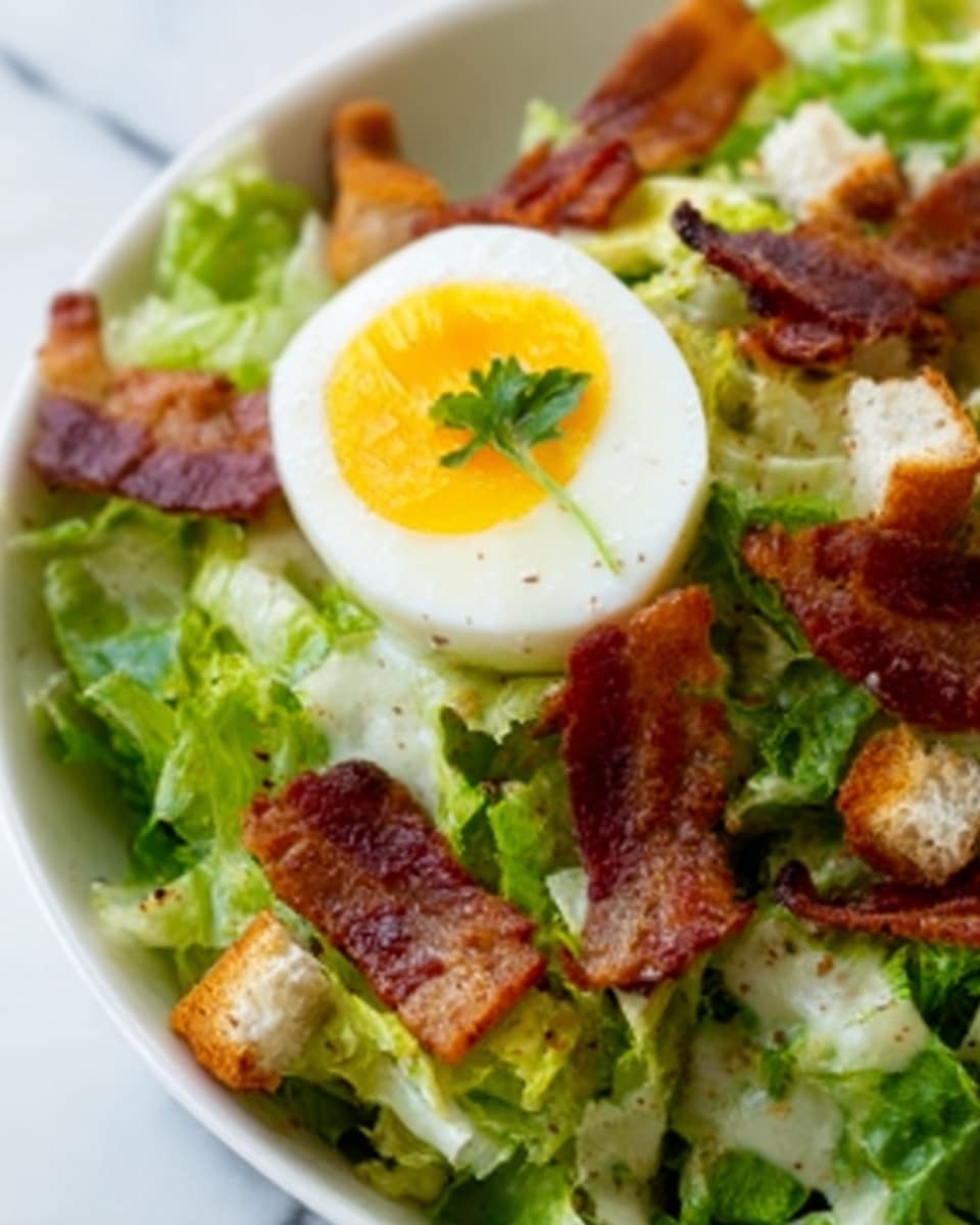 The image shows a close-up of a fresh salad with green lettuce leaves as the base layer, providing a crisp texture. On top of the lettuce, there are small pieces of crispy brown bacon scattered throughout. A halved boiled egg with a bright yellow yolk and white firm whites sits prominently near the center, garnished with a small sprig of green parsley. The salad ingredients look fresh and moist, all set against a white marbled surface. Photo taken with an iphone --ar 4:5 --v 7
