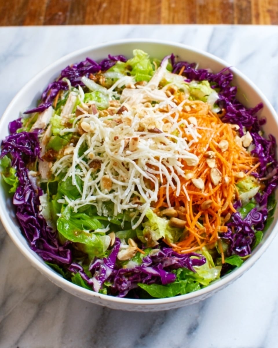 A white bowl sits on a white marbled surface, filled with a colorful layered salad. The bottom layer is deep purple shredded cabbage forming a thick, textured base. Above it is a layer of vibrant orange shredded carrots adding brightness. Next, fresh green leafy lettuce adds a crisp, leafy texture. The top layer is a generous sprinkle of light beige shredded cheese scattered evenly, with small pieces of chopped nuts visible throughout. The overall look is fresh and colorful, with clear layers and a mix of smooth, crunchy, and soft textures. Photo taken with an iphone --ar 4:5 --v 7