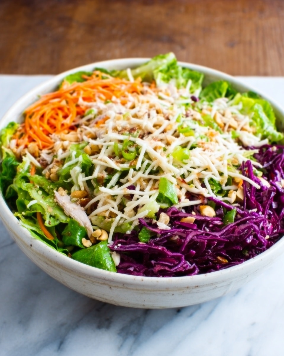 A white bowl filled with a layered salad starting with shredded purple cabbage around the edges, topped with a layer of shredded orange carrots, then a layer of green leafy lettuce, all covered by a generous sprinkle of white shredded cheese, with some small bits of light-colored nuts or seeds scattered on top. The bowl sits on a white marbled surface. Photo taken with an iphone --ar 4:5 --v 7