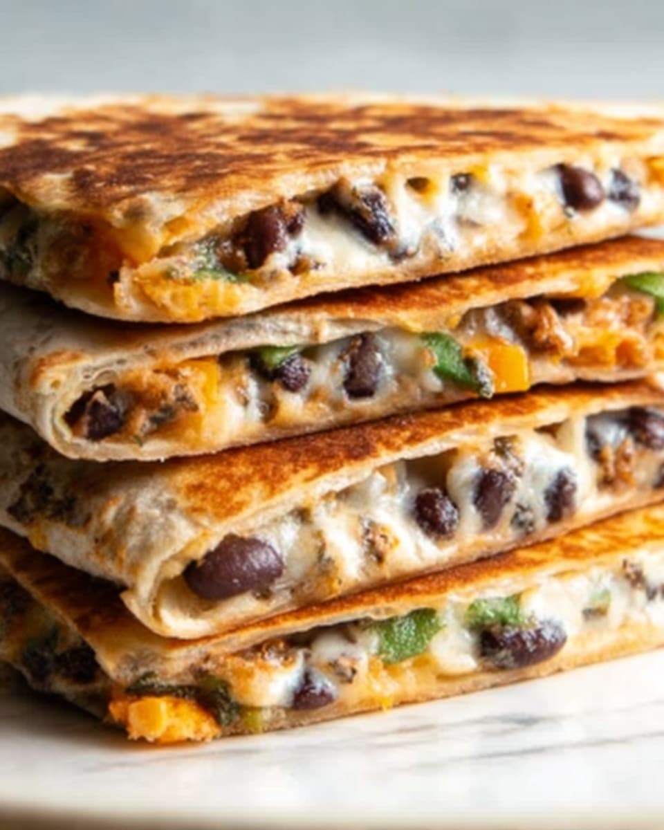 A close-up image shows a stack of three quesadilla pieces, each cut into triangles and layered neatly on a white plate. Each quesadilla has a golden-brown crispy tortilla on the outside with visible melted white cheese and black beans in the filling. There are also small bits of green, possibly chopped herbs or vegetables, and some crumbly brown bits inside the filling. The plate sits on a white marbled surface. photo taken with an iphone --ar 4:5 --v 7