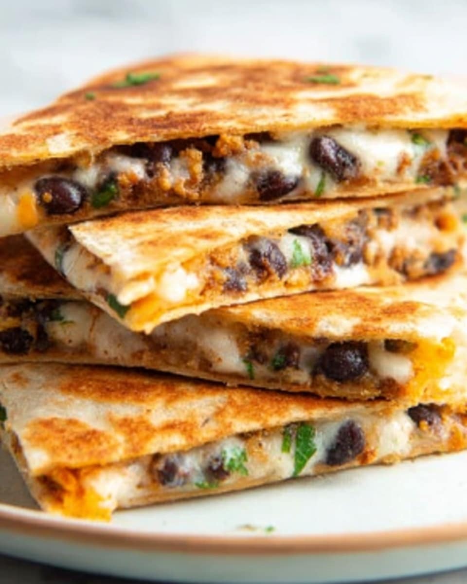 A close-up view of a stack of four quesadilla slices with toasted, light golden-brown tortillas. Each slice shows a thick middle layer of creamy white melted cheese mixed with whole black beans and small bits of browned vegetables, adding texture and color variety. Some green herbs or peppers are visible inside, providing small green spots within the layers. The quesadilla edges are crispy and slightly uneven, resting on a white plate against a white marbled surface. Photo taken with an iphone --ar 4:5 --v 7