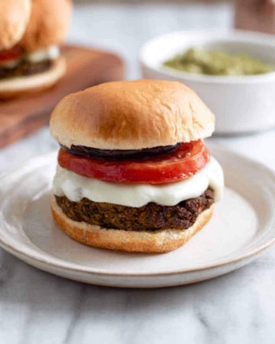 The image shows a single burger on a white plate placed on a white marbled surface. The burger has four visible layers: a soft brown top bun, a greenish-brown veggie patty with a rough texture, a slice of red tomato, and a creamy white sauce spread on the bottom bun. The bottom bun is slightly thicker and has a textured crumb. The background is softly blurred with hints of other food items, focusing attention on the burger. Photo taken with an iphone --ar 4:5 --v 7