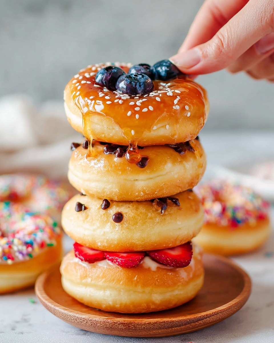 A stack of four round, golden donuts is held by a woman's hand on the right side. The top donut has a shiny honey glaze, with dark blueberries and white sesame seeds on it, and honey dripping down the sides. The second donut has bright red strawberry slices peeking out from underneath it. The third donut is decorated with small dark chocolate chips on top. The bottom donut is plain and golden. In the background, there are more donuts with colorful rainbow sprinkles on a round white plate sitting on a white marbled surface. photo taken with an iphone --ar 4:5 --v 7