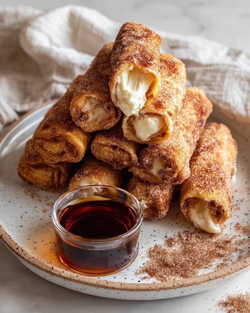 A stack of eight golden-brown rolled pancakes arranged in two layers on a large white plate with a speckled rim; the top layer shows the pancakes dusted with light cinnamon sugar, and one pancake near the top right is slightly open, revealing a soft, creamy filling inside. In front of the stack, there is a small clear glass bowl filled with dark amber syrup, with some syrup spilled on the plate. Cinnamon sugar is sprinkled around the pancakes and syrup. A fork is partially visible on the left side of the plate, all set on a white marbled texture. photo taken with an iphone --ar 4:5 --v 7