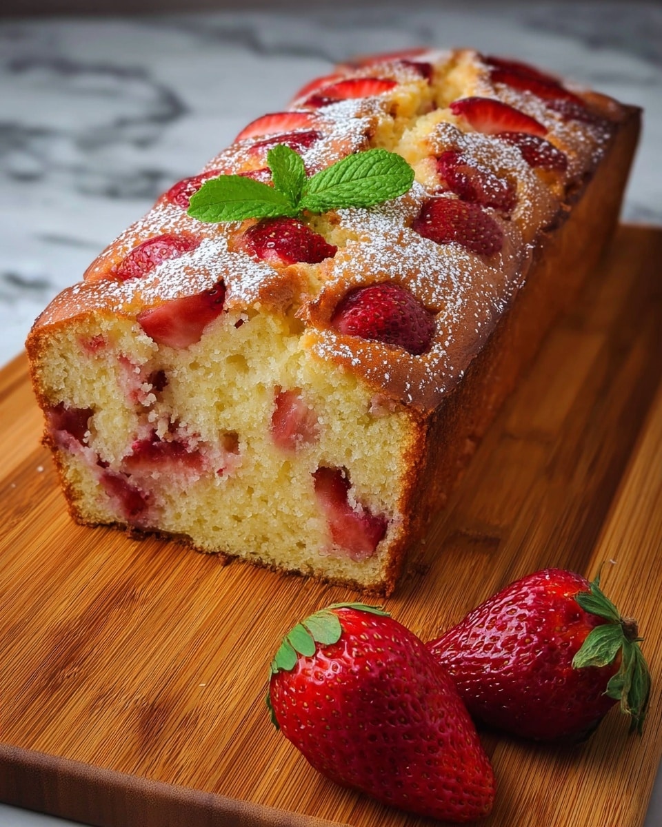 A loaf cake with a golden-brown crust topped with sliced red strawberries is placed on a wooden cutting board. The cake has a soft, light yellow interior speckled with numerous pieces of strawberries inside, showing a moist texture. Around the base of the loaf, four whole bright red strawberries with green leaves are scattered, adding vibrant color. The cake's surface is lightly dusted with powdered sugar and garnished with a small green leaf in the center. The background shows a white marbled texture, contrasting with the warm tones of the cake and cutting board. Photo taken with an iphone --ar 4:5 --v 7