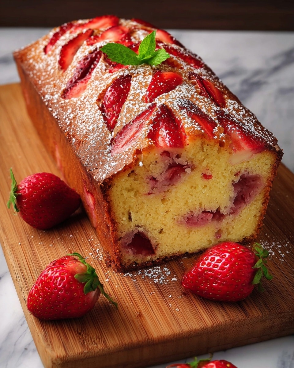 A loaf of strawberry cake sits on a wooden board, showing one long side and the top. The cake has a golden brown crust with many strawberry slices partly baked into the top surface, giving patches of red against the brown. Inside, the light yellow cake is soft and moist, filled with chunks of red strawberries mixed evenly. There is a light dusting of white powdered sugar on top and a small green mint leaf placed in the center on top. Around the wooden board at the front are three whole strawberries with green tops, bright red and shiny. The background is a white marbled texture. photo taken with an iphone --ar 4:5 --v 7