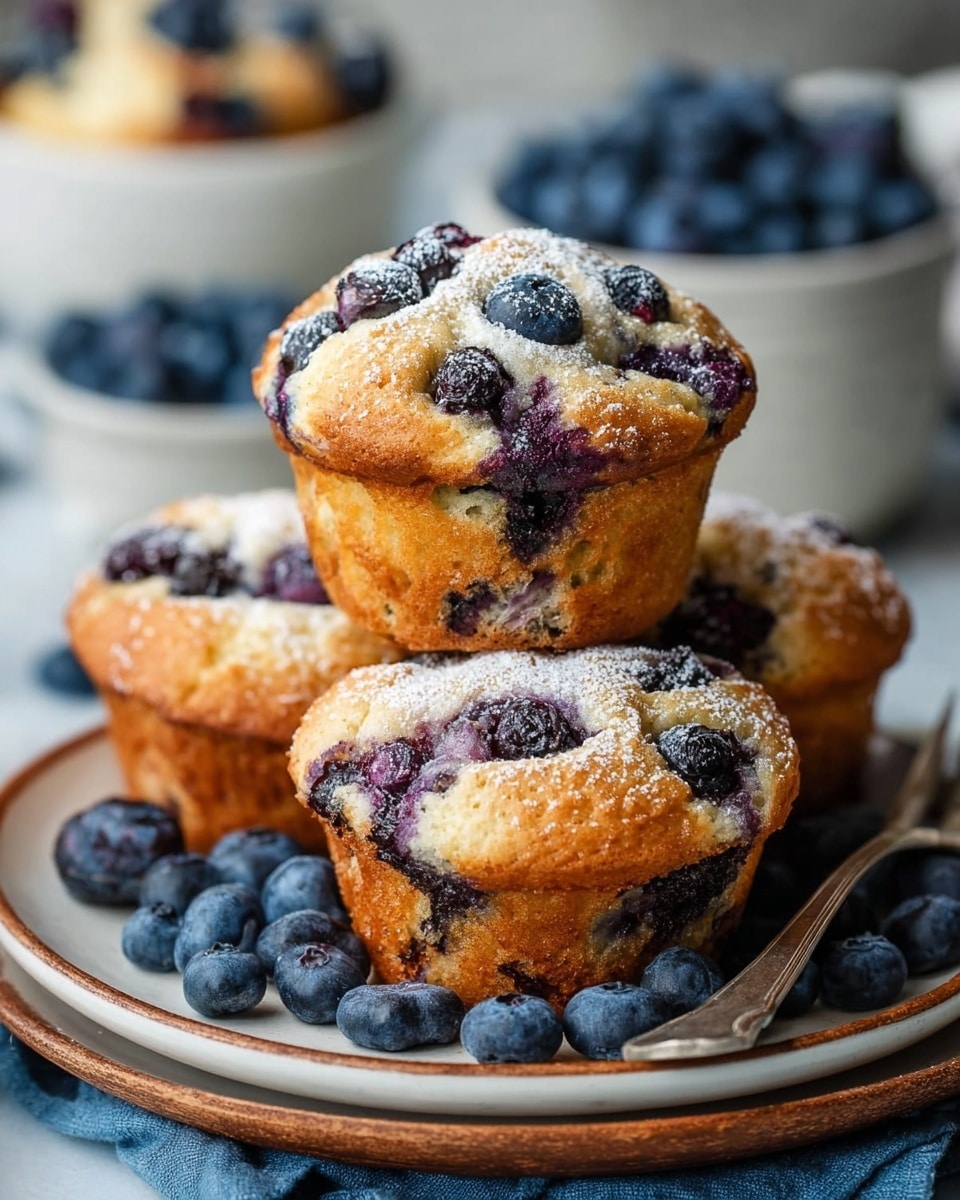A stack of three blueberry muffins sits on a white plate with a wood-toned rim, each muffin golden brown with a slightly cracked top revealing juicy, dark purple blueberries baked inside and scattered on top. The muffins are dusted lightly with white powdered sugar, adding a soft contrast to the golden and blue hues. Fresh blueberries surround the base of the muffins on the plate, adding extra deep blue color. In the background, there are white bowls filled with more blueberries, blurred softly, and a silver fork rests on the edge of the plate. The entire scene is set on a white marbled texture with a blue cloth partially underneath the plate. Photo taken with an iphone --ar 4:5 --v 7