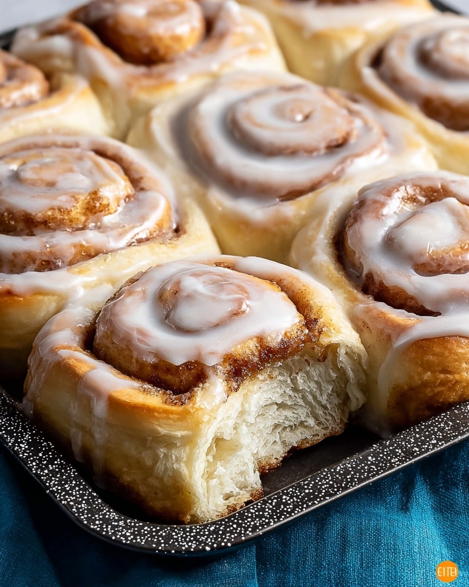 The image shows a close-up of soft cinnamon rolls arranged on a white baking tray with a dusting of powdered sugar around the edges. Each roll has a light golden-brown outer layer with a visible spiral inside that is darker from the cinnamon sugar filling. A shiny white icing is drizzled over the tops in a smooth pattern that follows the swirl shape. The cinnamon rolls have a fluffy, light texture visible where one roll has a bite taken out, revealing the soft interior. The tray rests on a blue cloth, set against a white marbled surface. photo taken with an iphone --ar 4:5 --v 7