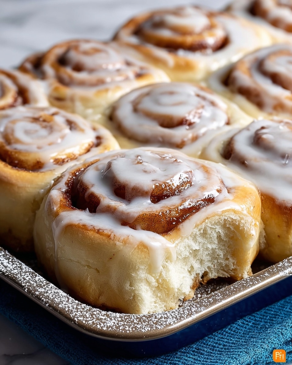 A close-up view of a tray of soft cinnamon rolls with shiny white icing drizzled on top. Each roll shows a visible spiral layer of golden-brown cinnamon filling that contrasts with the light, fluffy dough layers. One cinnamon roll in front is partially eaten, revealing the airy, soft inside texture with its pale cream color. The rolls sit closely together in a dark baking tray with tiny white powdered sugar dots on its edge, placed on a white marbled surface covered partially by a blue cloth. Photo taken with an iphone --ar 4:5 --v 7