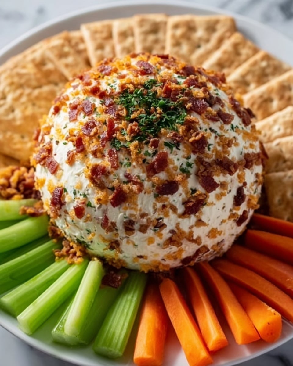 A round cheese ball sits in the center of a white plate on a white marbled surface. The cheese ball has a creamy off-white base layer, covered with finely chopped reddish-brown bacon bits and small green parsley pieces evenly spread over its surface. Around the cheese ball, there are bright orange carrot sticks, light green celery sticks, and square tan crackers arranged in neat groups. The cheese ball has a slightly rough texture from the toppings, and the fresh vegetables add color and contrast. photo taken with an iphone --ar 4:5 --v 7