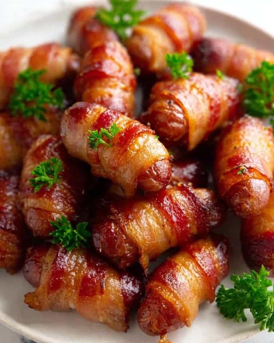 A white plate filled with many bacon-wrapped sausages, each sausage covered tightly with shiny, cooked bacon that has a reddish-brown color with crispy edges. Small bright green parsley leaves are scattered on and around the sausages, adding a fresh contrast. The sausages are arranged closely in a slightly loose pile. The background surface is white with a marbled texture. photo taken with an iphone --ar 4:5 --v 7