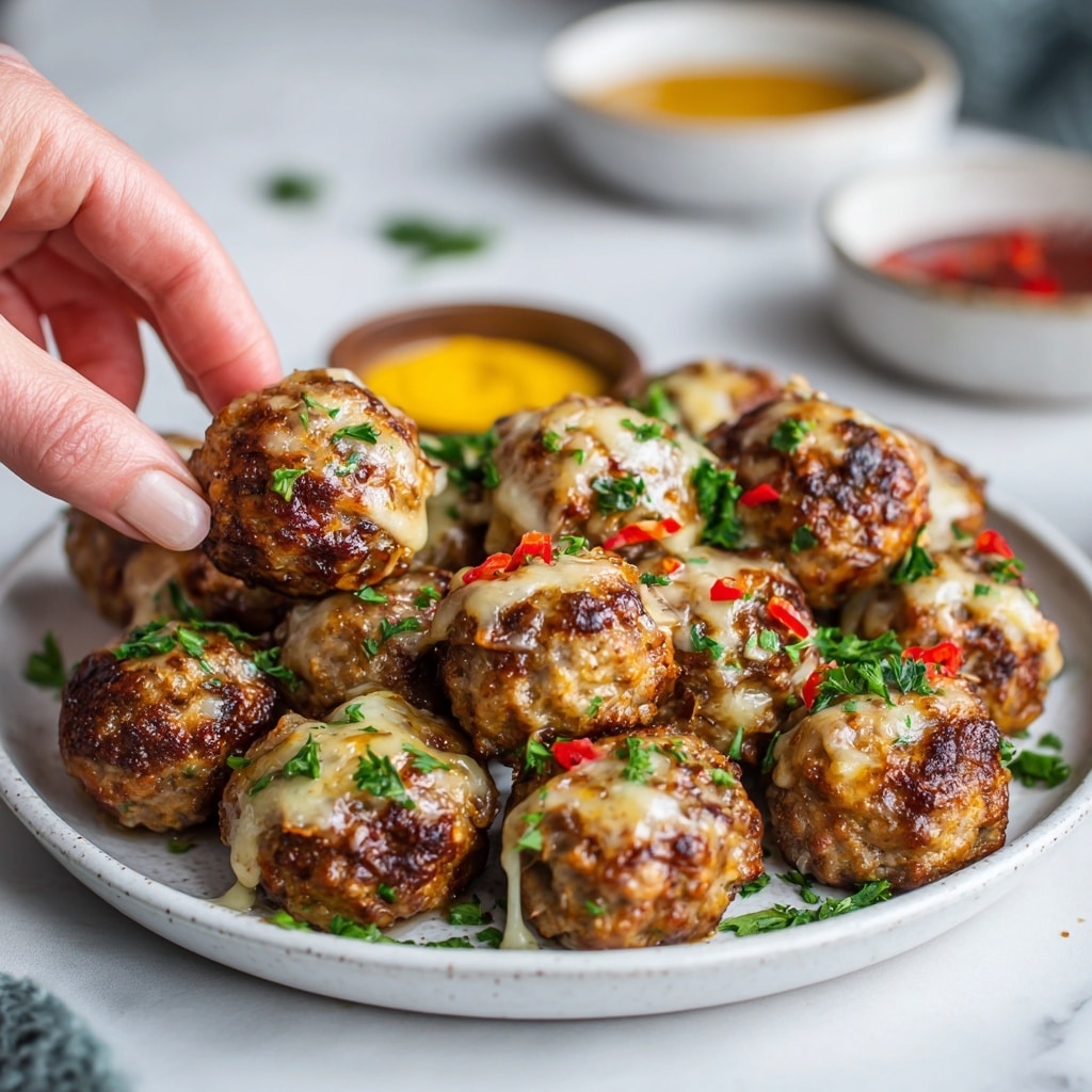 The image shows a white plate full of golden-brown meatballs topped with melted cheese and small bits of red pepper. The meatballs have a slightly crispy texture with some green parsley sprinkled on top for color. The plate is on a white marbled surface with small bowls of sauces blurred in the background. A woman's hand is gently touching one of the meatballs. photo taken with an iphone --ar 4:5 --v 7