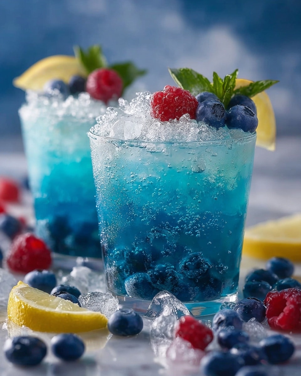Two clear glasses filled with a blue fizzy drink are shown on a white marbled surface. Each glass has three visible layers: the bottom layer with dark blue blueberries, the middle layer with bright blue liquid mixed with ice cubes, and the top layer with crushed ice holding red raspberries, a yellow lemon wedge, and fresh green mint leaves. Around the glasses, there are scattered blueberries, raspberries, lemon wedges, and pieces of ice. The scene is bright and fresh with a sharp focus on the glass in the front. Photo taken with an iphone --ar 4:5 --v 7