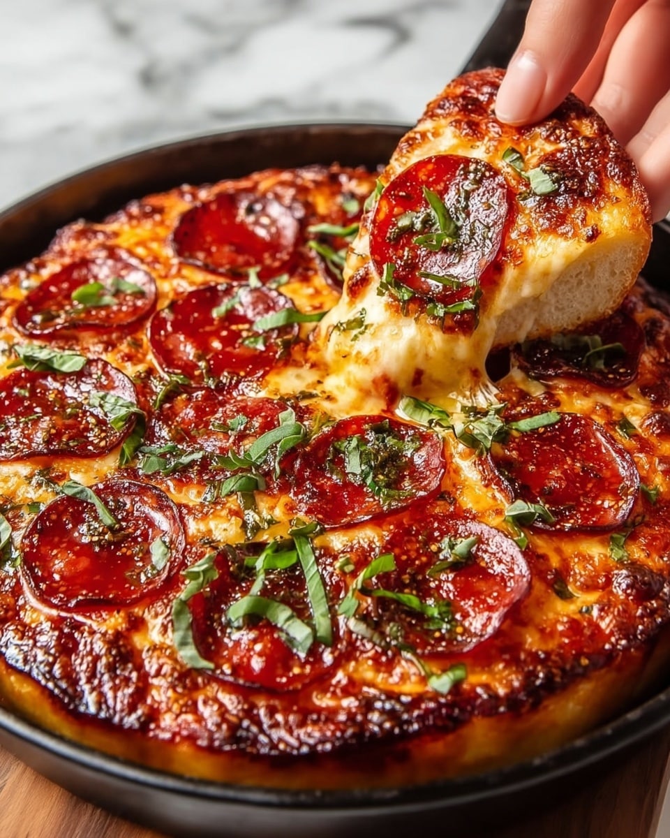 A round deep-dish pizza with a thick golden-brown crust sits in a black pan on a wooden board over a white marbled surface. The pizza has a melted, bubbly cheese layer as the base, topped with bright red, shiny pepperoni slices evenly spread across the surface. Fresh green chopped basil leaves are scattered on top, adding a pop of color. A woman's hand holds a small round piece of white bread dipped in gooey melted cheese and topped with a single pepperoni slice, lifted from the pizza, showing the stretchy cheese pulling away. The lighting highlights the glistening texture of the pepperoni and cheese. photo taken with an iphone --ar 4:5 --v 7