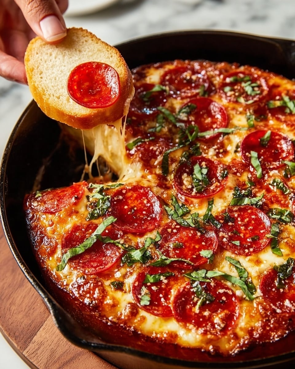 A round pepperoni pizza in a black pan sits on a white marbled surface, featuring a thick, golden-brown crust with a slightly crispy texture. The top layer is a rich, melted cheese that bubbles and stretches as a slice of bread with a single round pepperoni is dipped into it by a woman's hand. The pizza is covered with shiny, deep red pepperoni slices and sprinkled with freshly chopped green basil leaves, adding contrast and freshness to the warm, cheesy surface. The cheese looks gooey and inviting, blending perfectly with the pepperoni and herbs. Photo taken with an iphone --ar 4:5 --v 7