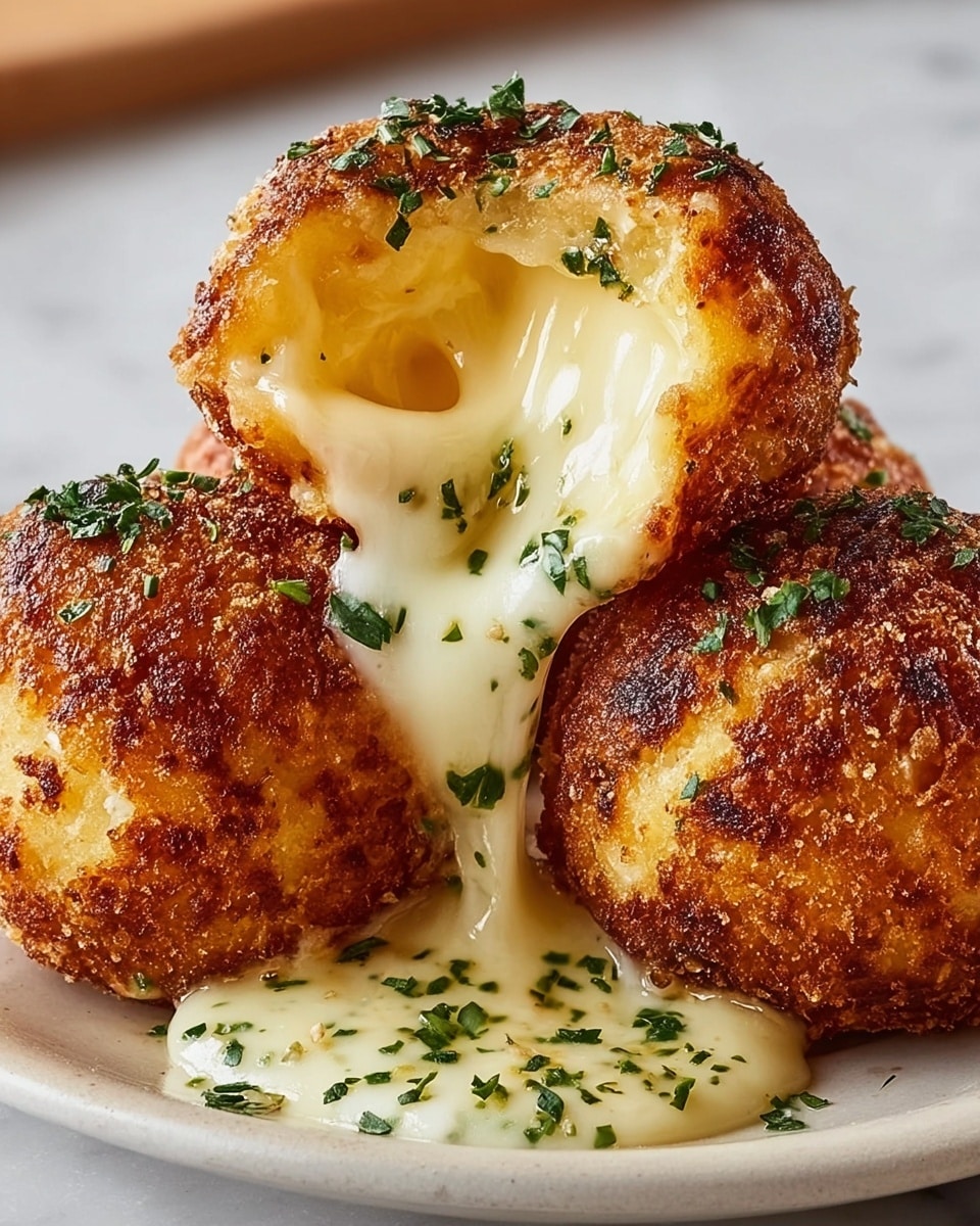 A close-up view of three golden brown, crispy fried cheese balls stacked on a white plate, with one cheese ball on top broken open showing stretchy, melted white cheese oozing out, garnished with small green chive pieces scattered over the cheese balls and on the white plate, all on a white marbled surface. photo taken with an iphone --ar 4:5 --v 7