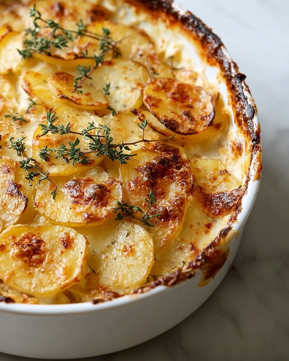 The image shows a white round dish filled with a layered potato casserole. The top layer consists of thin, golden-brown potato slices, some with crispy, browned edges, arranged in overlapping circles. Below this, there is a creamy, slightly bubbly sauce visible between the potato layers. Sprigs of fresh green herbs, possibly thyme, rest on top, adding a touch of color and freshness. The rim of the dish is slightly browned from baking, creating a rustic look. The dish is placed on a white marbled surface. photo taken with an iphone --ar 4:5 --v 7