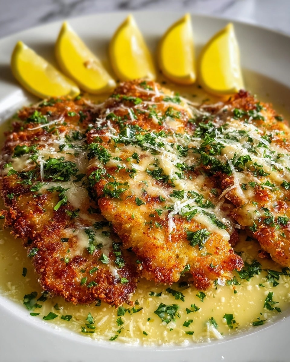 A white plate holds two golden-brown, crispy fried fish fillets topped with finely chopped green herbs and small shreds of white cheese. The fillets rest in a light yellow buttery sauce that pools slightly on the plate. At the back of the plate, five thin lemon slices are neatly arranged, adding a fresh yellow contrast. The texture of the fish looks crunchy with a hint of moisture from the sauce beneath. The background is a white marbled texture. photo taken with an iphone --ar 4:5 --v 7