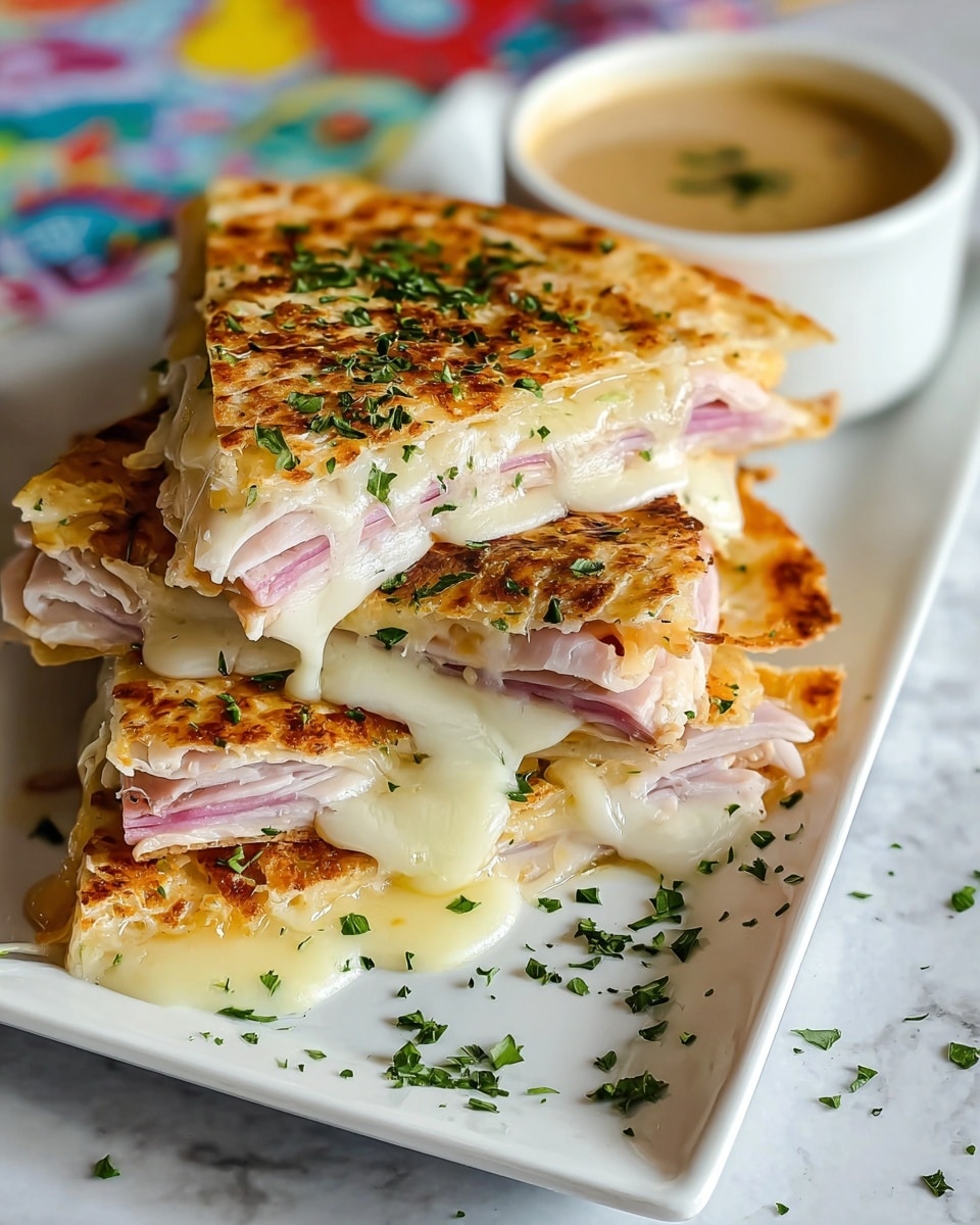 A stack of three golden-brown quesadilla triangles is neatly placed on a white plate, each layer showing a soft, slightly toasted tortilla filled with melted pale yellow cheese and thin slices of pink ham, layered between delicate white cooked chicken. The cheese oozes out from the sides, adding a creamy texture, while finely chopped green herbs sprinkle over the top and around the plate. On the side, there is a small white ramekin filled with a light brown creamy dipping sauce that has tiny black pepper specks. The dish sits on a white marbled surface with a blurred colorful background. Photo taken with an iphone --ar 4:5 --v 7