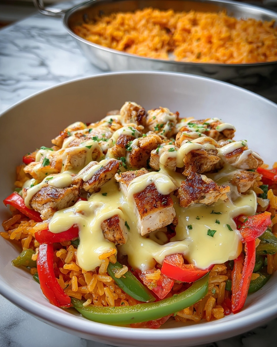 A white plate holds a colorful layered dish with two main layers; the bottom layer is orange-yellow rice mixed with thin slices of red and green bell peppers. On top, chunks of browned chicken pieces are spread evenly, covered with a creamy white sauce that has a smooth, slightly shiny texture and some sprinkled green herbs. In the background, a metal pan filled with more of the same rice is slightly blurred. The whole scene is set on a white marbled surface. photo taken with an iphone --ar 4:5 --v 7