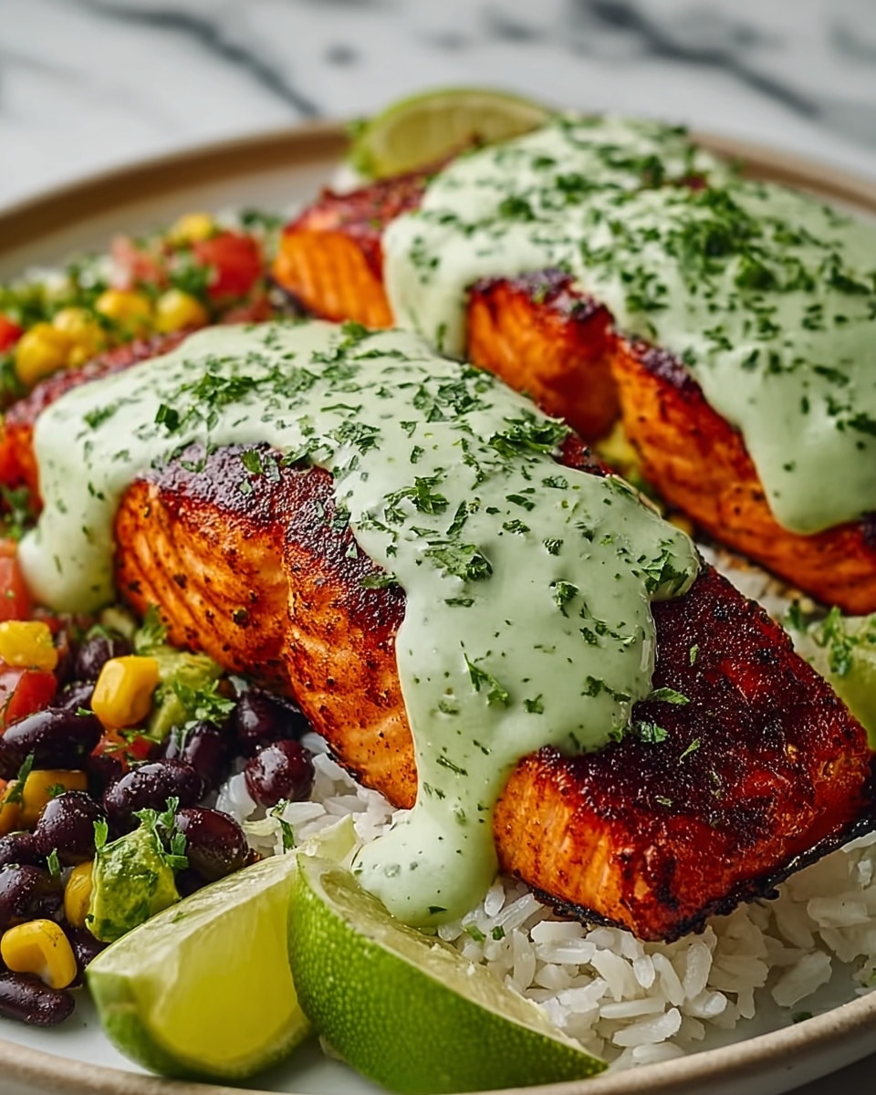 Two grilled salmon fillets with a crispy reddish-brown crust are placed on a bed of white rice. Each fillet is topped with a thick, creamy pale green sauce sprinkled with chopped green herbs. Around the salmon, there are small piles of black beans mixed with yellow corn and diced red onions and tomatoes. On the white plate, there are also bright green lime wedges and scattered green herb leaves. The dish is set on a white marbled surface. photo taken with an iphone --ar 4:5 --v 7