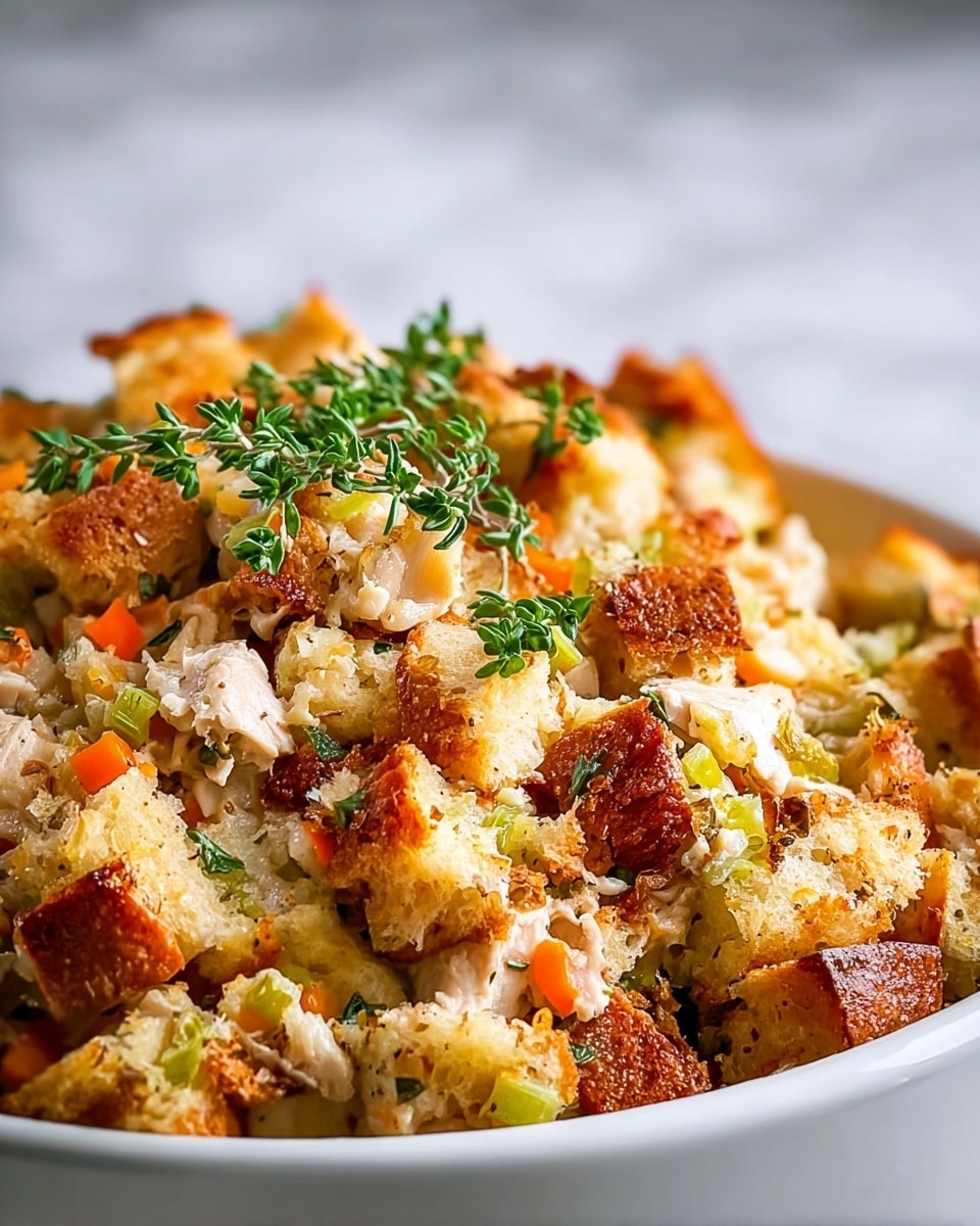 A close-up of a white bowl filled with a layered stuffing dish. The base layer is soft, light beige bread cubes mixed with small pieces of cooked vegetables like orange carrots and green celery, all coated in a creamy sauce. On top, there are crispier, golden-brown toasted bread pieces that add a crunchy texture. Scattered throughout are small sprigs of fresh green herbs, likely thyme, adding a pop of color. The dish looks moist with a mix of soft and crunchy textures, all set on a white marbled texture background. photo taken with an iphone --ar 4:5 --v 7