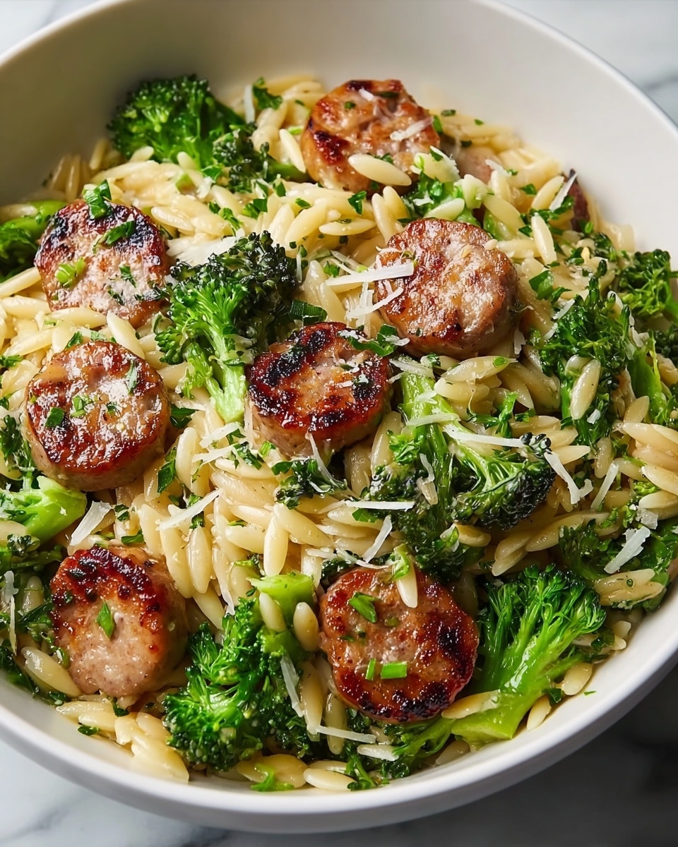 A white bowl filled with a mix of light yellow orzo pasta, bright green broccoli florets scattered throughout, and several browned, circular sausage slices placed on top and mixed in. The dish is garnished with small bits of chopped green herbs and thin, white grated cheese sprinkled over the top. The textures show the softness of the pasta, the crispness of the broccoli, and the slight crisp on the browned sausage, all sitting on a white marbled surface. photo taken with an iphone --ar 4:5 --v 7