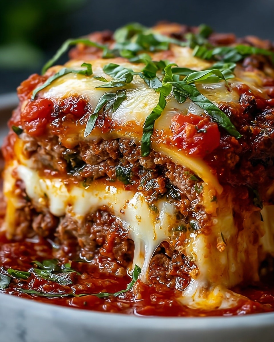 The image shows a close-up of a layered dish with a thick base layer of cooked ground meat mixed with small pieces of vegetables and herbs, all brown and textured. Above it is a rich layer of bright red tomato sauce with chunks of cooked tomatoes and some green herbs. Covering everything is a layer of melted, stretchy white cheese that pulls apart gooey, with thin slices of fresh green basil leaves scattered on top. The dish sits on a dark surface that contrasts with the vivid colors of the food. photo taken with an iphone --ar 4:5 --v 7