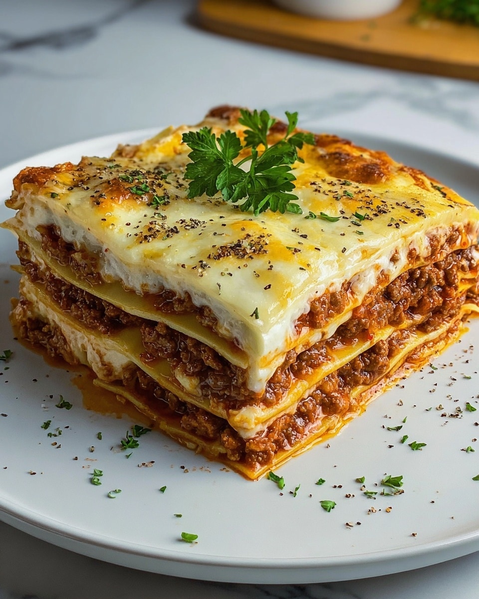 A thick slice of lasagna with four visible layers, starting from the top with a golden-brown melted cheese layer sprinkled with small bits of black pepper and a few green parsley leaves; underneath, alternating layers of slightly translucent pasta sheets and rich ground meat sauce with a reddish-brown color, showing chunky meat bits; the bottom layer has a more saucy and textured meat mixture. The lasagna is served on a clean white plate with a few scattered parsley leaves around it, all placed on a white marbled surface. photo taken with an iphone --ar 4:5 --v 7