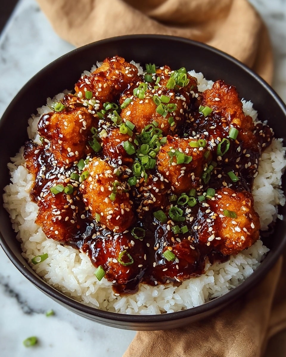 A white bowl filled with a base layer of fluffy white rice topped with multiple pieces of crispy, golden brown chicken coated in a thick, glossy dark brown sauce. The chicken pieces are sprinkled with white sesame seeds and small, bright green sliced scallions scattered evenly on top, adding a fresh contrast. The bowl sits on a light brown cloth with chopsticks placed adjacent, and a small bowl of green garnish blurred in the background on a white marbled texture photo taken with an iphone --ar 4:5 --v 7