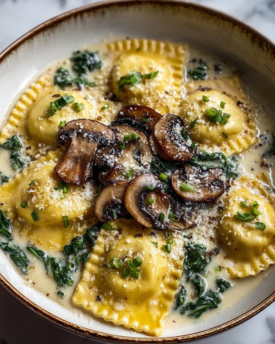 This dish shows a white bowl filled with a creamy white sauce as the base layer, with vibrant green cooked spinach pieces mixed evenly throughout. On top, there are five large, golden-yellow ravioli arranged mostly on the sauce and spinach, with crimped edges and a smooth texture. Sitting on center is a generous heap of sautéed brown mushrooms with a glossy, slightly caramelized surface, sprinkled with small bits of green herbs and finely grated white cheese. The dish has a light sprinkle of black pepper scattered on it, adding specks of color contrast. The bowl is placed on a white marbled texture. photo taken with an iphone --ar 4:5 --v 7