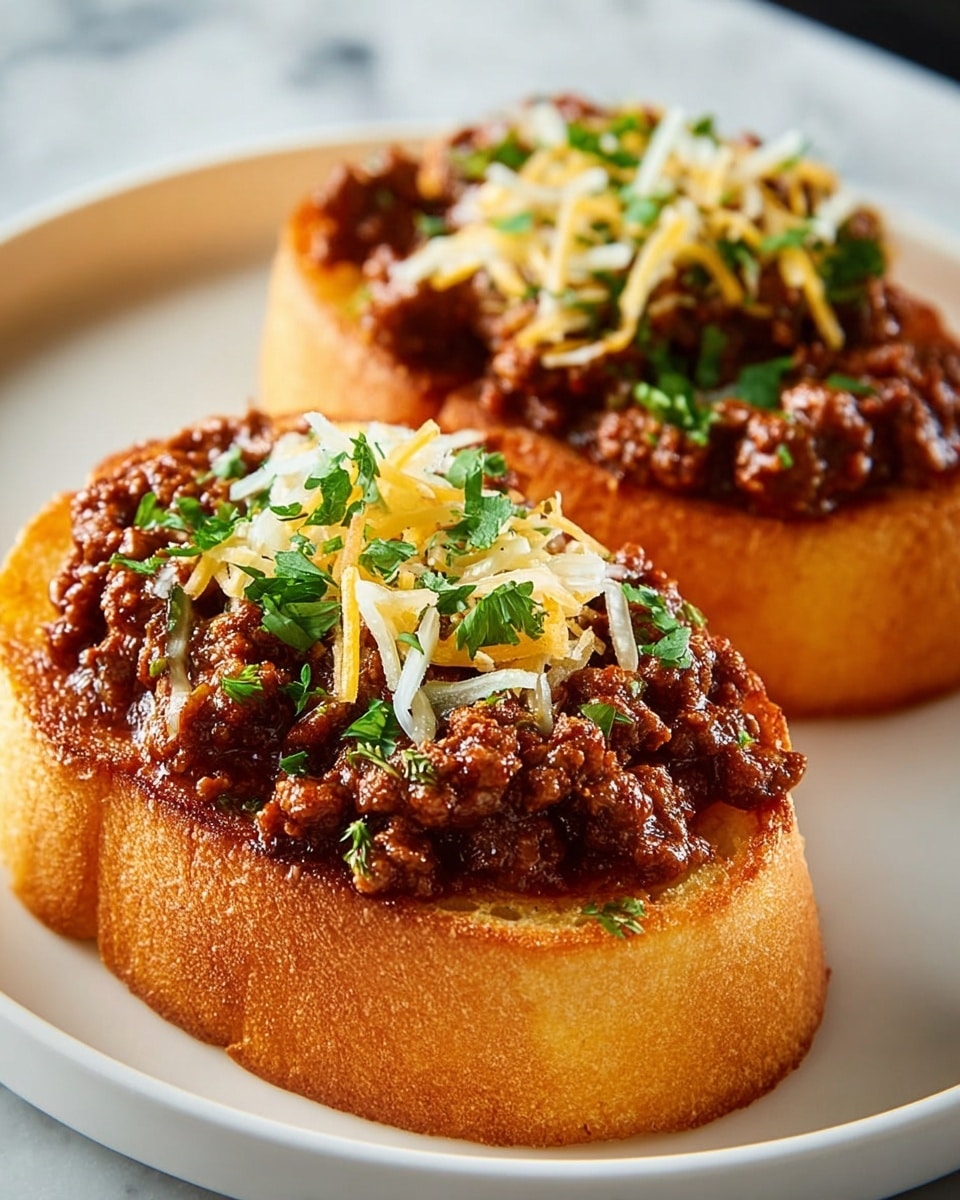 Two slices of thick, toasted bread with a golden-brown crust sit on a white plate with a white marbled texture in the background. Each slice is topped with a thick layer of rich, dark brown ground beef chili mixed with small chunks of green pepper. Melted shredded cheese, light yellow and white in color, is sprinkled on top of the chili, followed by fresh green chopped herbs scattered over the cheese for a touch of color and freshness. The close-up shot focuses on the front slice, showing the textures of the crispy toast, moist chili, and creamy cheese clearly. Photo taken with an iphone --ar 4:5 --v 7