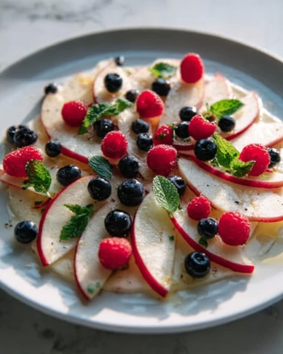 A white round plate with thinly sliced red and white apple pieces arranged in a circular pattern overlapping each other. Scattered on top are fresh blueberries and raspberries adding bursts of dark blue and bright red. Small green mint leaves are placed around for a fresh look. The plate sits on a white marbled surface. The lighting shows a soft natural shine on the fruit. photo taken with an iphone --ar 4:5 --v 7