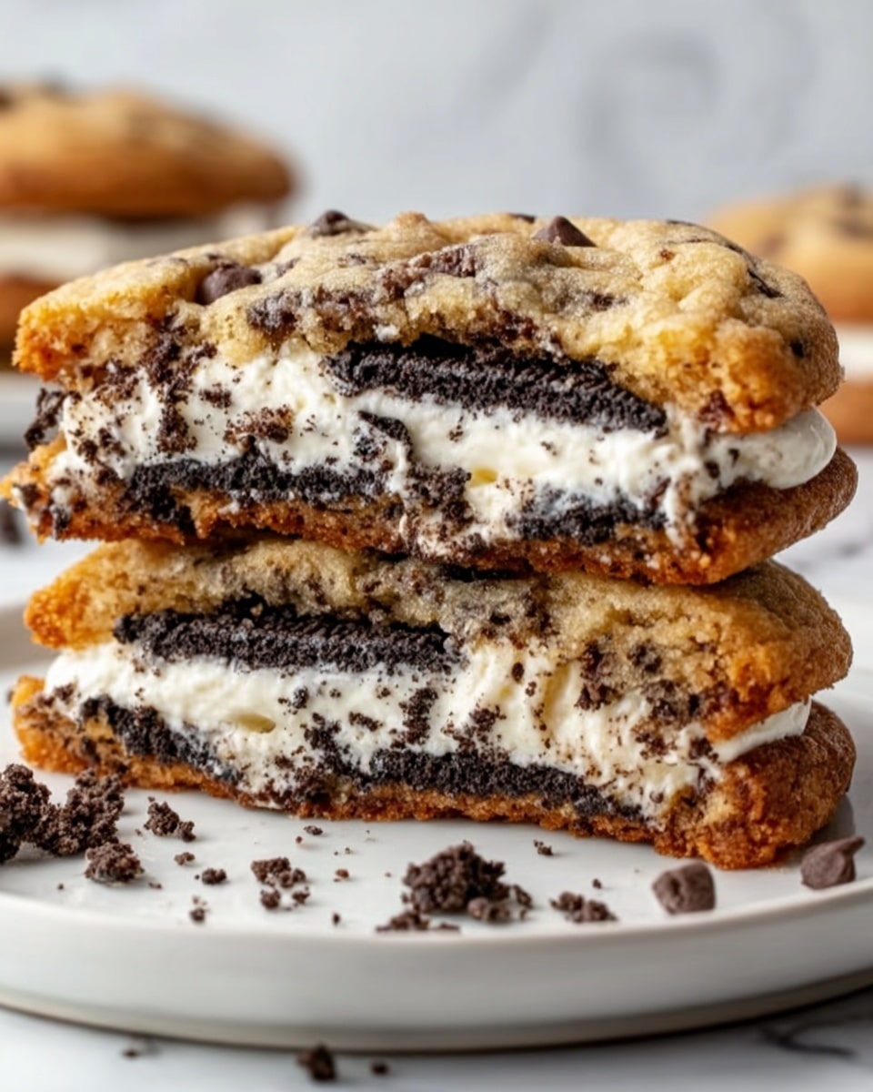 The image shows a close-up of a large cookie broken in half on a white plate, revealing its inside layers. The outer layer is golden brown and slightly crispy with a rough texture. Inside, there are visible pieces of chocolate chips and a layer of creamy white filling with chunks of dark chocolate sandwich cookie embedded within. Crumbs of the dark chocolate cookie are scattered on the plate around the broken cookie. The background features a white marbled texture, and the photo is taken with an iphone --ar 4:5 --v 7