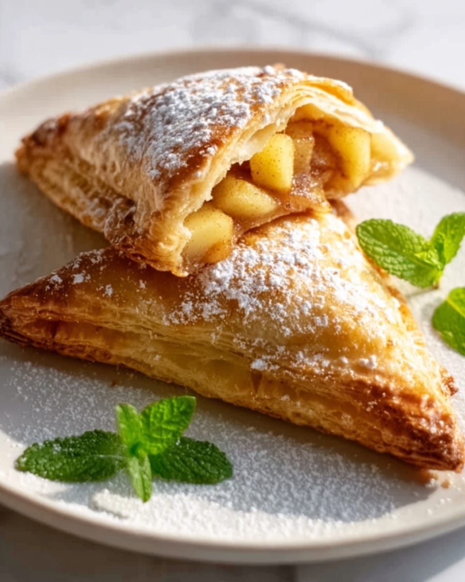A golden brown, flaky pastry triangle sits on a white plate with a white marbled background. The pastry has two visible layers, the outer layer is crisp and puffed with a light dusting of powdered sugar on top, while the inner layer reveals a soft, warm filling of small, caramelized apple chunks in a light syrup. Fresh green mint leaves are placed beside the pastry for decoration. The soft light highlights the texture of the pastry and the juicy filling inside. Photo taken with an iphone --ar 4:5 --v 7