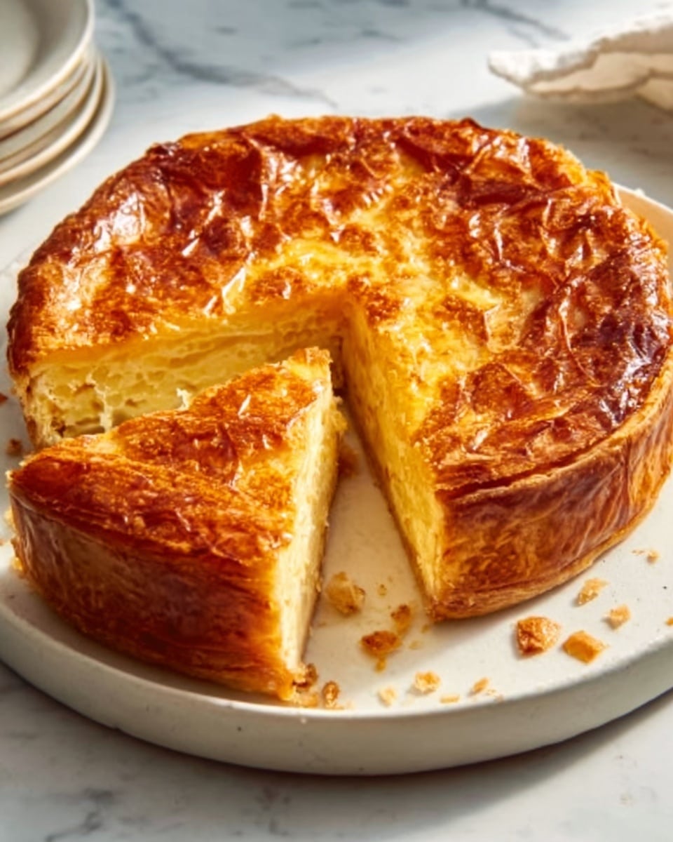 A round pie with a golden, crispy top layer showing a shiny, flaky texture, placed on a white plate. One slice is cut and slightly pulled out, revealing multiple thin layers inside that are light yellow and look soft and moist. The edges of the pie are thicker and darker brown, showing a crunchy crust. The pie sits on a white marbled surface with soft natural light coming from the side. Photo taken with an iphone --ar 4:5 --v 7