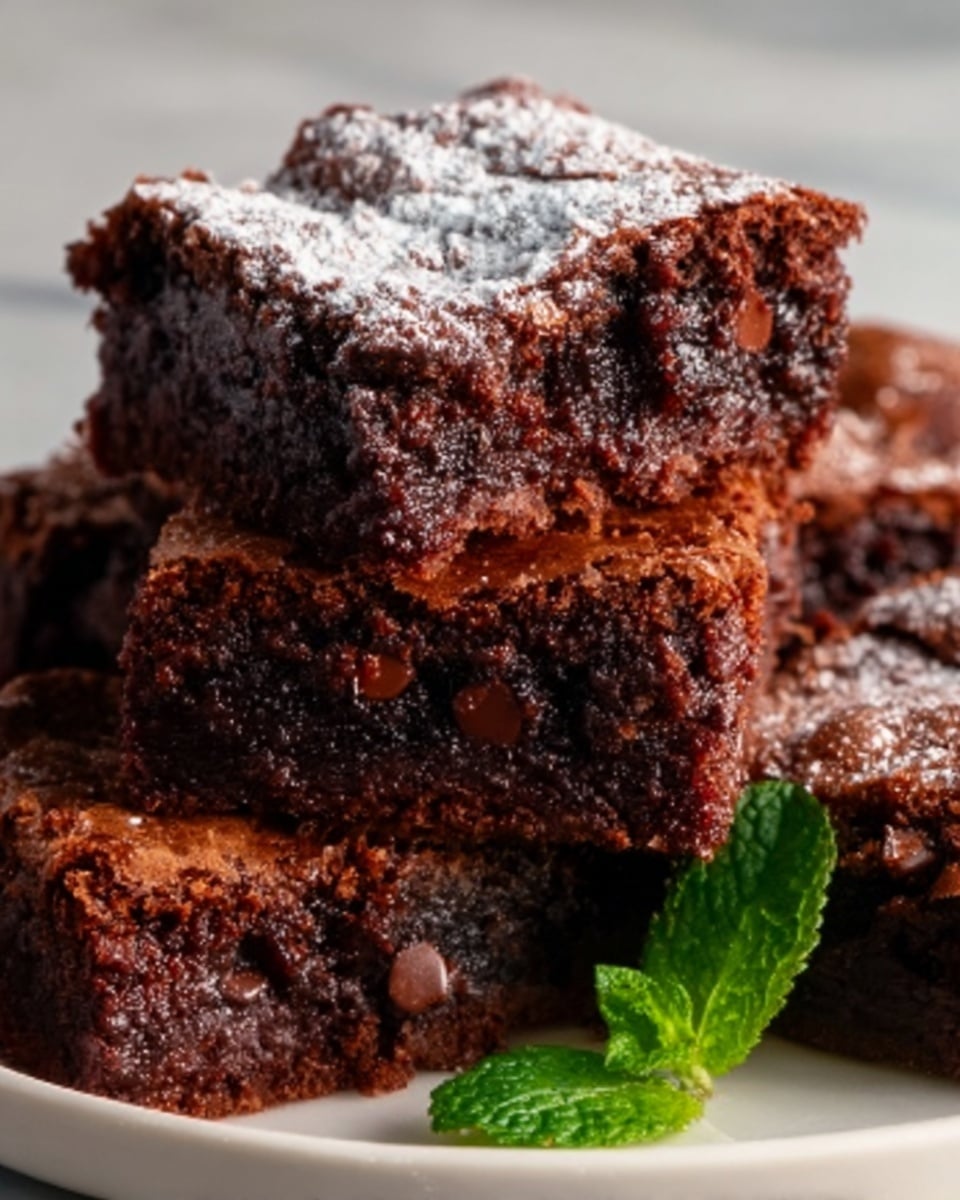 The image shows three thick, square chocolate brownies stacked slightly on a white plate with a white marbled surface background. Each brownie has a rich, dark brown color with a shiny, slightly cracked top layer and visible chocolate chips embedded inside the soft, moist middle layers. The top brownie has a small dusting of powdered sugar and a fresh green mint leaf on the side, adding a pop of color. The texture looks chewy with a dense crumb, and the lighting highlights the glossy chocolate chips and the cracked top edges clearly. Photo taken with an iphone --ar 4:5 --v 7