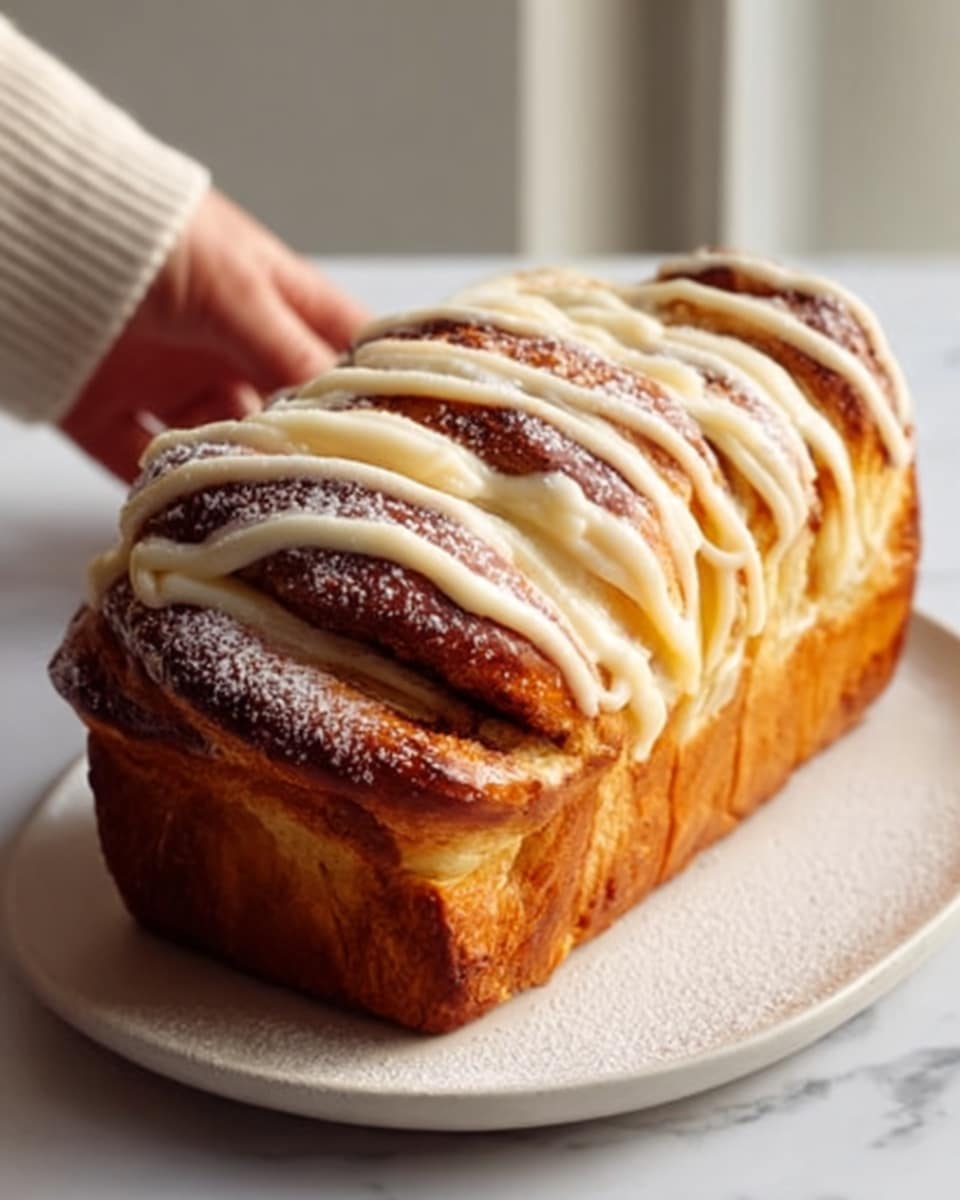 A thick, twisted loaf of bread with many soft, golden-brown layers sits on a plain white plate. The top is decorated with a pale cream-colored icing that is swirled smoothly in lines across the bread. A light dusting of powdered sugar covers some parts of the bread and plate, adding a soft white touch. The background is a simple white marbled texture, and a woman’s hand is gently touching the side of the bread. Photo taken with an iphone --ar 4:5 --v 7